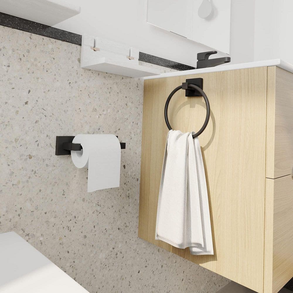 Anqtovp 2-Piece Bathroom Hardware Set Matte Black with Toilet Paper Holder and Towel Ring in Matte Black Waterproof Finish (2)
