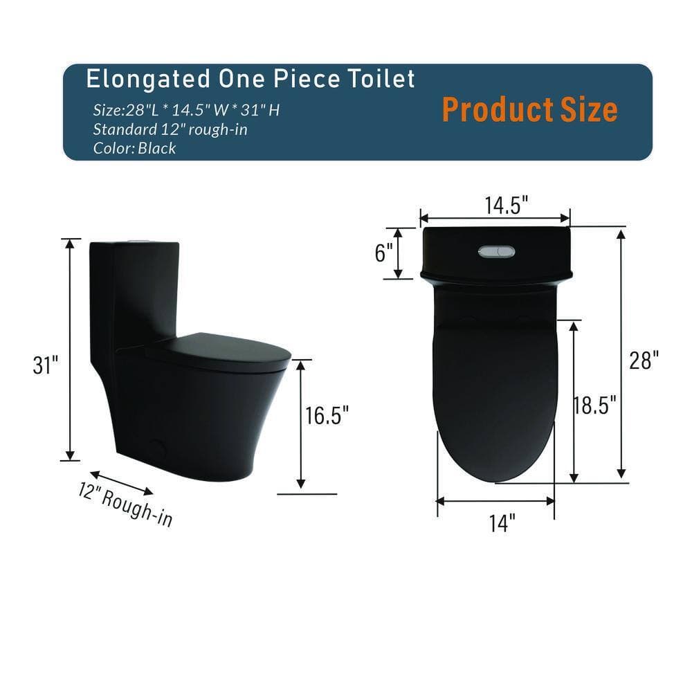 SANFANGIE BW 12 in. Floor Mounted 1-Piece 1.1/1.6 GPF Dual Flush Elongated Toilet in Black Seat Included (2)