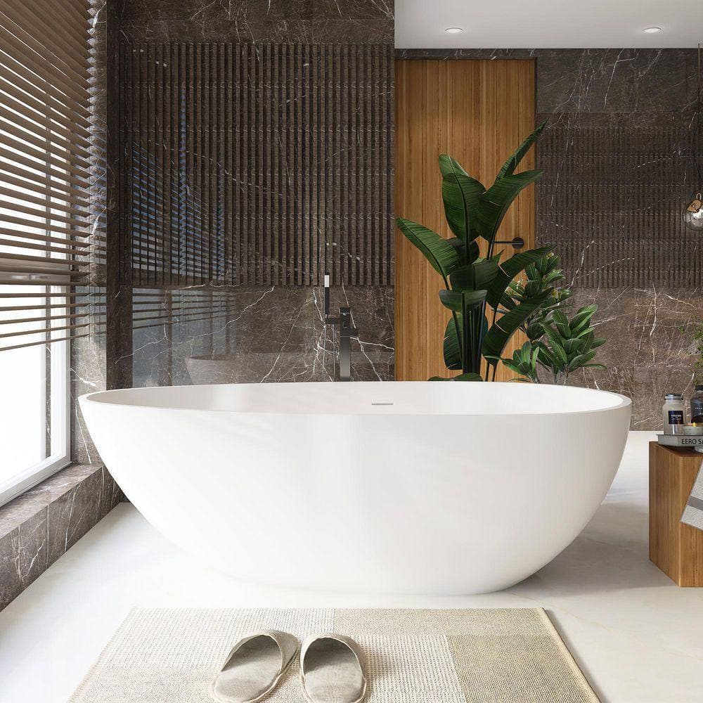 JimsMaison 67 in. x 34 in. Solid Surface Stone Resin Freestanding Flatbottom Soaking Bathtub in Matte White (1)