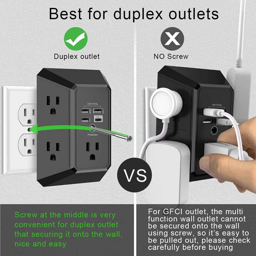 Yichuhaoxi 6-Outlet Extender with 3 USB Ports Surge Protector 3-Sided Widely Spaced Adapter Mountable Wall Tap for Home, Office (3)