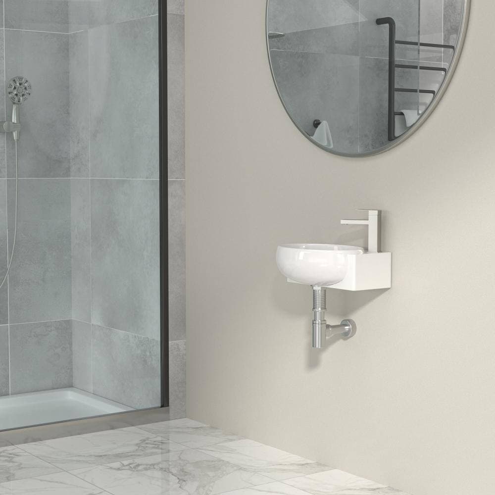 Kichae 16.5 x 11 Inch Round White Ceramic Wall Mounted Bathroom Sink with Overflow and Right Side Single Faucet Hole (2)