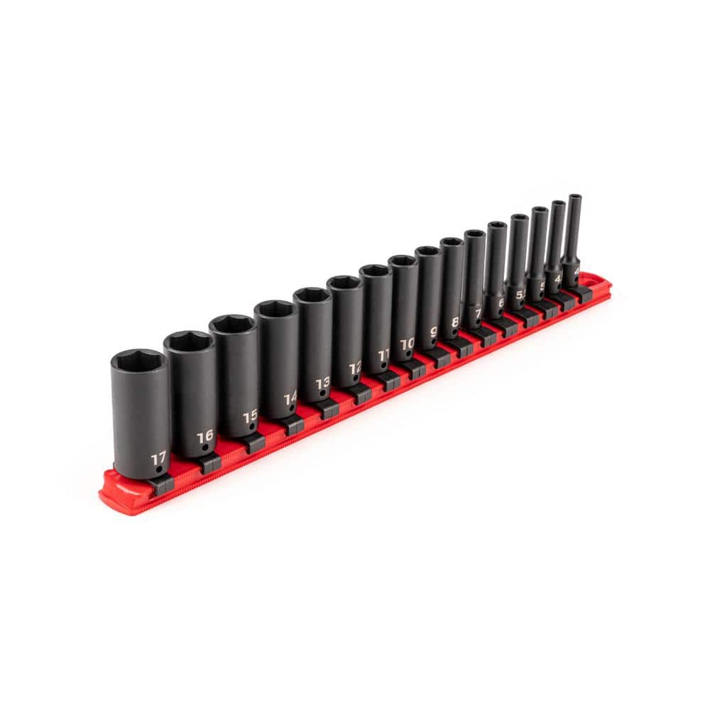 TEKTON 1/4 in. Drive Deep 6-Point Impact Socket Set with Rail, 16-Piece (4-17 mm) (1)