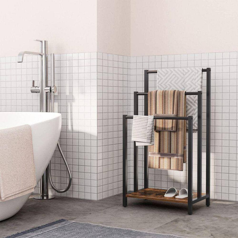 Dracelo 3 Tier Freestanding Black Metal Bathroom Towel Bar Rack with Storage Shelf (2)