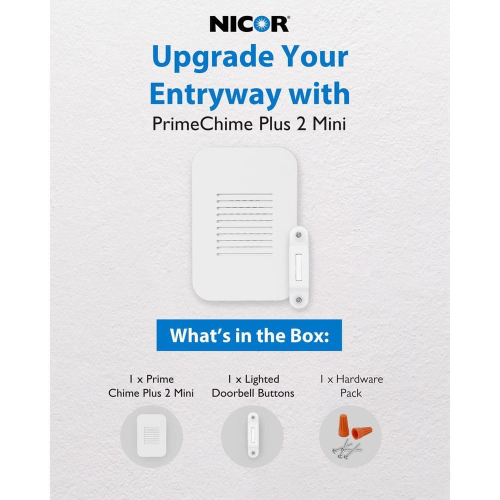 NICOR PrimeChime Plus 2 Mini Video Compatible Hardwired Door Bell Chime Kit with White Decorative Button (2)