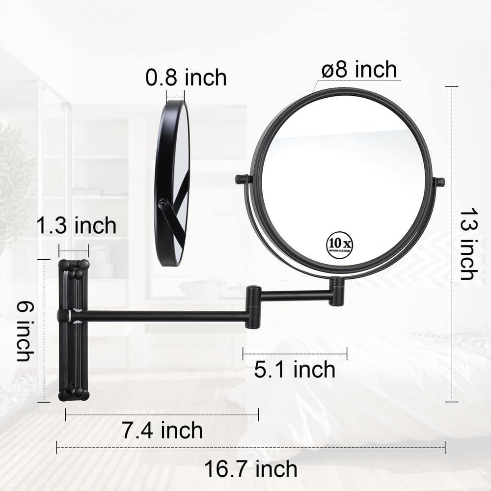 cadeninc 8 in. Wall Mounted 1X/10X Magnifying Makeup Vanity Mirror with 3 colors Led lights; 360° Swivel with Extension Arm;Black (2)