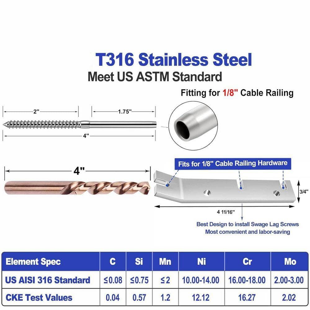 KIWDZFU 4 in. H x 0.125 in. W T316 Silver Metal Left and Right Handed Swage Lag Screws for Wood Post, Stair Railing Kit (2)