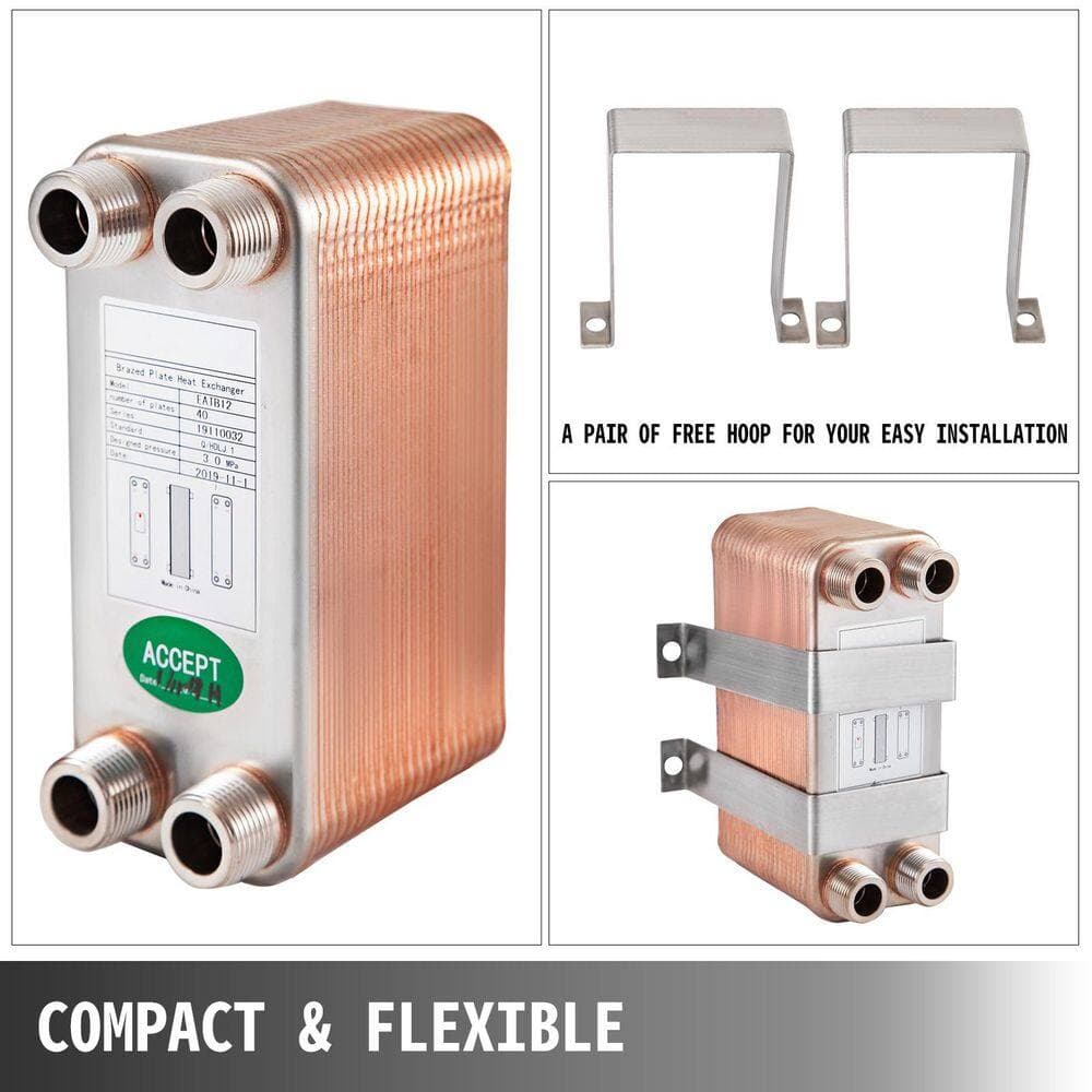 SKYSHALO Heat Exchanger 3 in. x 7.5 in. 40 Plates Brazed Plate Heat Exchanger 316L 3/4 in.MPT Heat Exchanger Chiller for Heating (2)