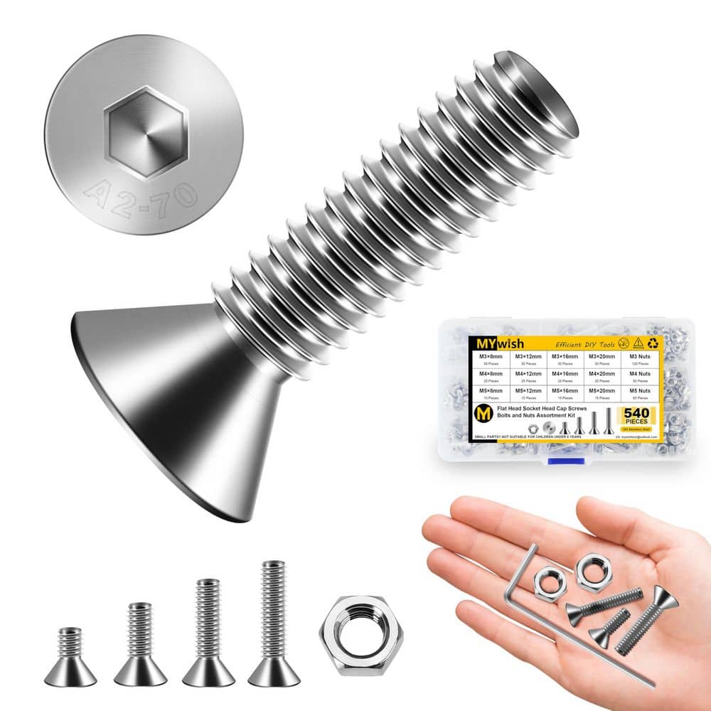 MYWISH 540-Piece Metric M3/M4/M5 Flat Head Socket Cap Screw Assortment Kit, 304 Stainless Steel Hex Drive Screws and Nuts Set (1)