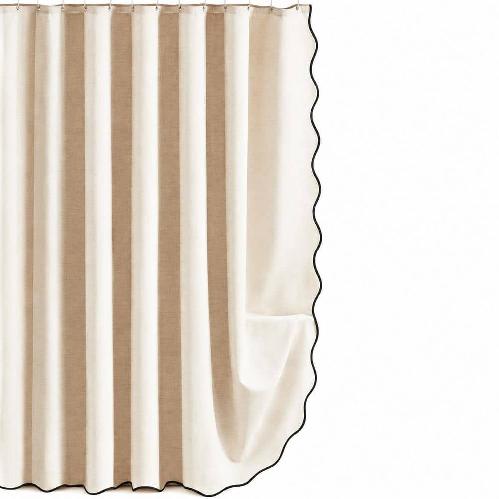 Anqtovp 72 in. W x 96 in. L Polyester Shower Curtain in Beige Cream Linen Texture Waterproof Scalloped Edge Set (1)
