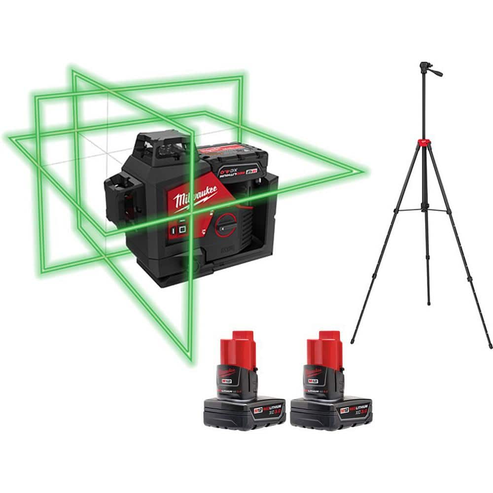 Milwaukee M12 12-Volt Lithium-Ion Cordless Green 250 ft. 3-Plane Laser Level Kit with 3 Batteries, Charger, Case and Tripod