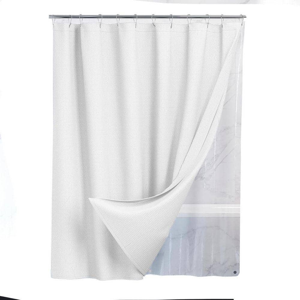 Unbranded 3 in 1 Shower Curtain Set 72 x 72 White Fabric Curtain and Liner with Rust-Resistant Metal Hooks Complete Set