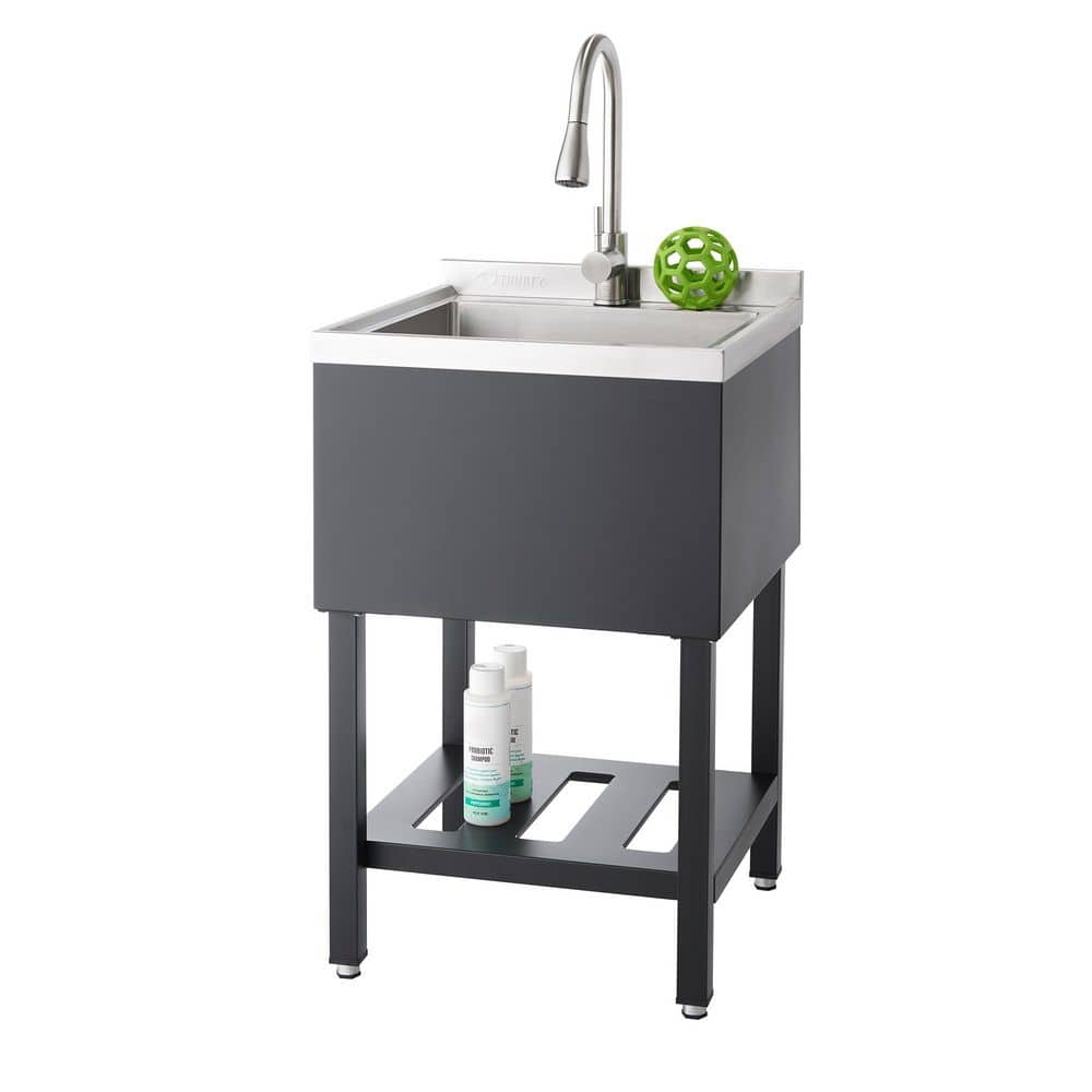 TRINITY 18 in. W x16 in. D Basin Freestanding Laundry/Utility Sink in Stainless Steel and Black with Pull-Out Faucet + Sink Grid