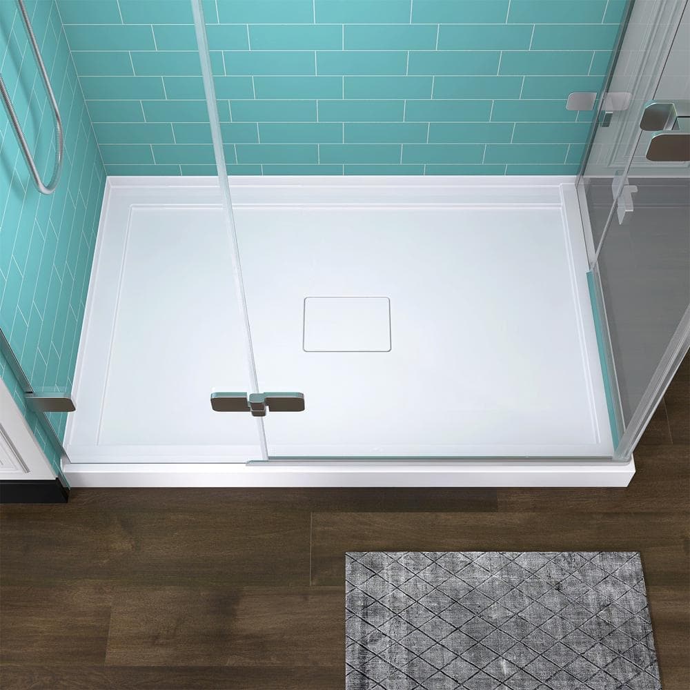 NTQ 48 in. x 32 in. Double Threshold Shower Pan Corner Shower Pan Base with Center Drain and Magnetic Cover in White (2)