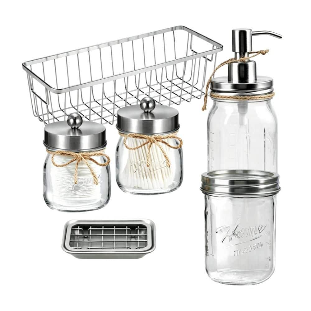 Numhew 6-Pack Bathroom Accessories Set with Lotion Dispenser, Toothbrush Holder, Mason Jars, Basket and Soap Dish, Nickel (1)