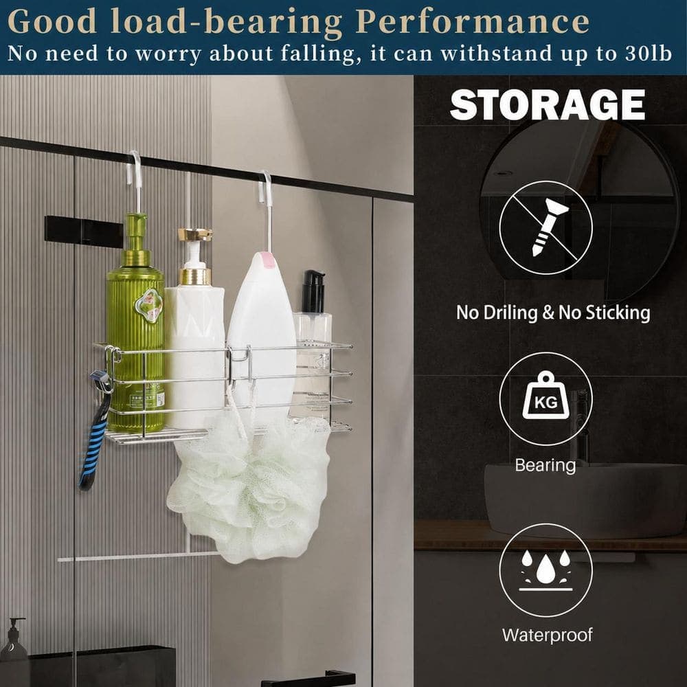 Unbranded Single-Tier Hanging Shower Caddy 304 Stainless Steel Over the Door Bath Organizer Basket with Swivel Hook (2)