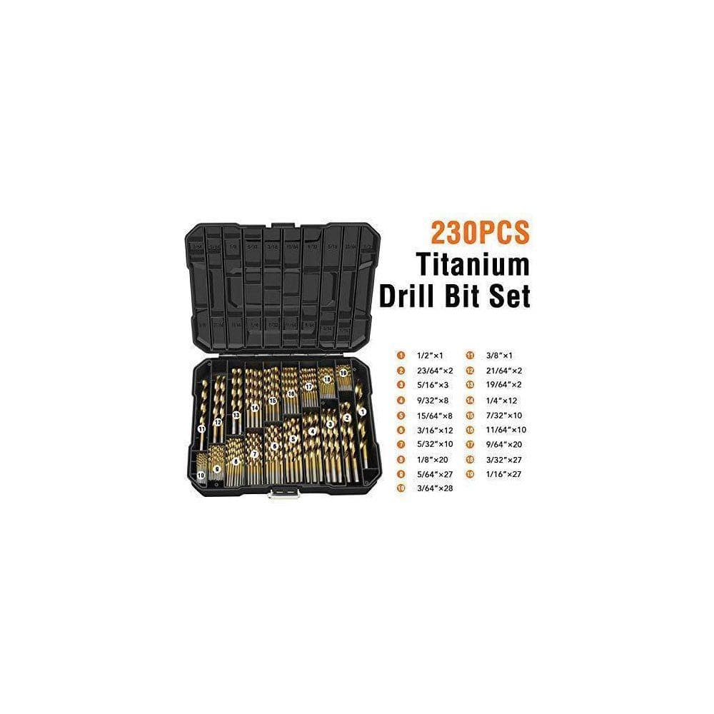 Angel Sar 230-Pieces Coated HSS Conventional 118 Deg Tip from 3/64 inch to 1/2 Inch, Titanium Drill Bit Kit Set for Metal Concrete (3)