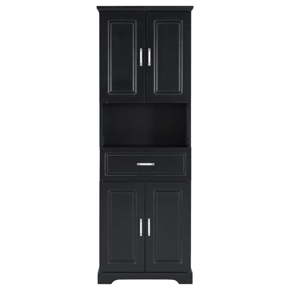 cadeninc 24.5 in. W x 16.1 in. D x 70.8 in. H Black Bathroom Cabinet with 4-Doors and Open Shelve