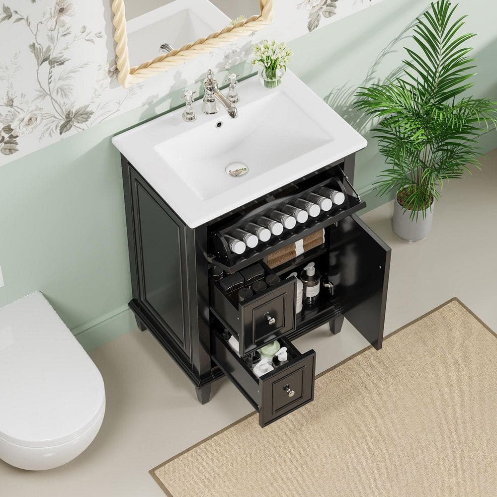 Lycvki 24 in. Black Vessel Bathroom Sink with Flip Drawer and Adjustable Shelf (3)