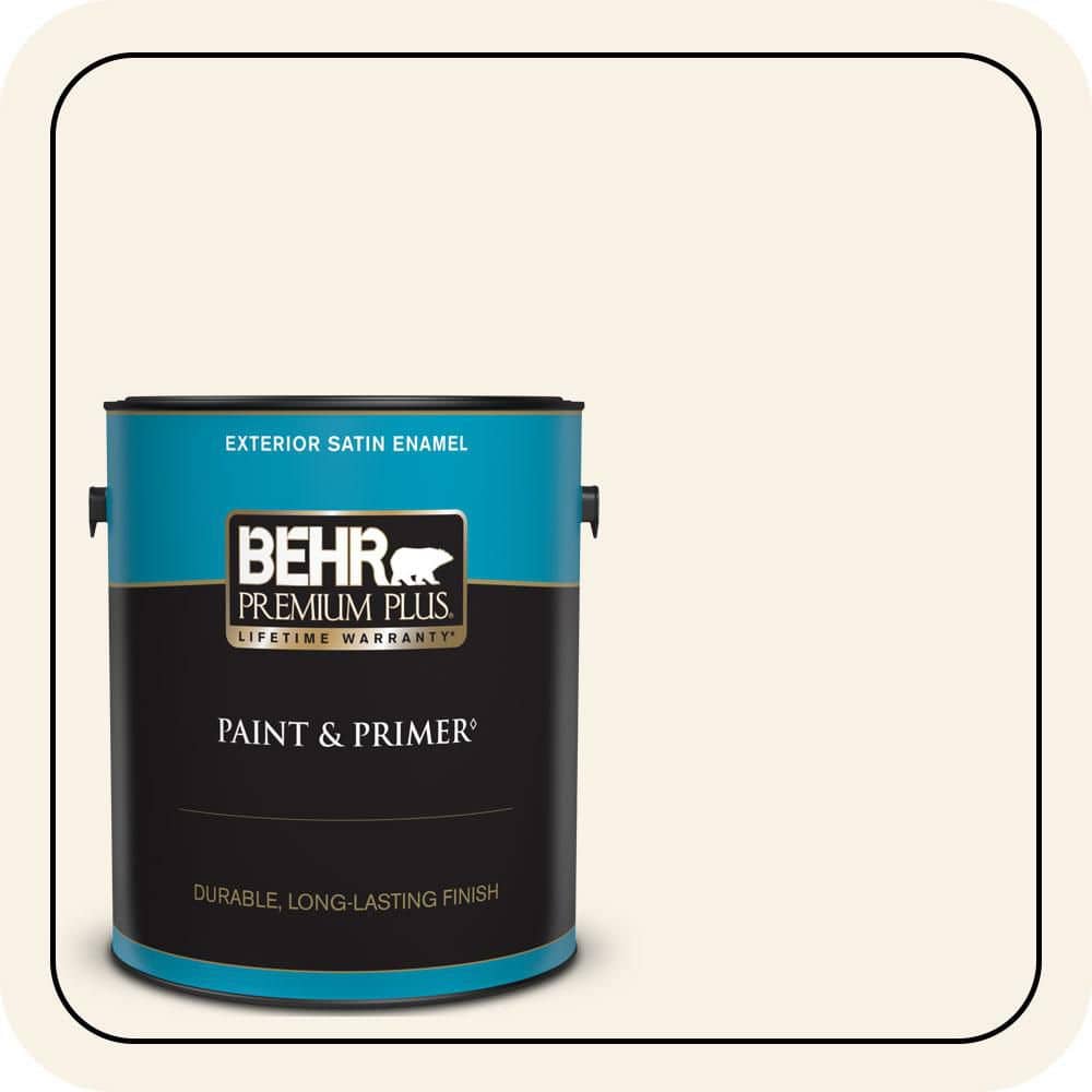 BEHR PREMIUM PLUS 1 gal. #PWN-34 White Luxury Satin Enamel Exterior Paint & Primer