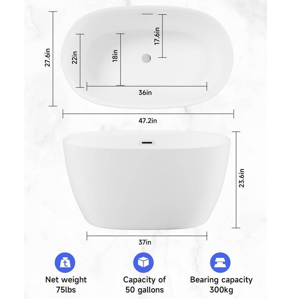JimsMaison 47 in. x 28 in. Acrylic Freestanding Flatbottom Soaking Bathtub in Glossy White (3)