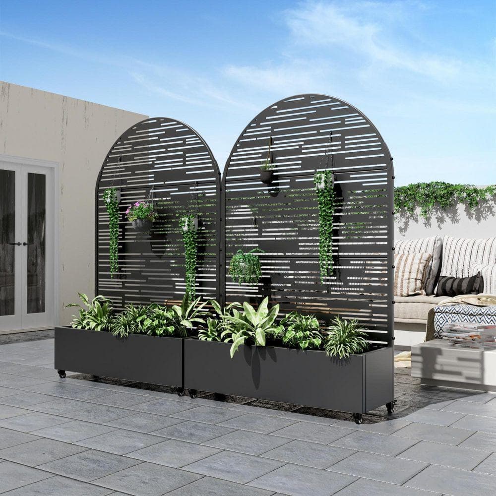 Lirago 72 in. H x 47 in. W Arch Black Outdoor Metal Privacy Screen Planter Box Wall Decor in Irregular lines Pattern (3)