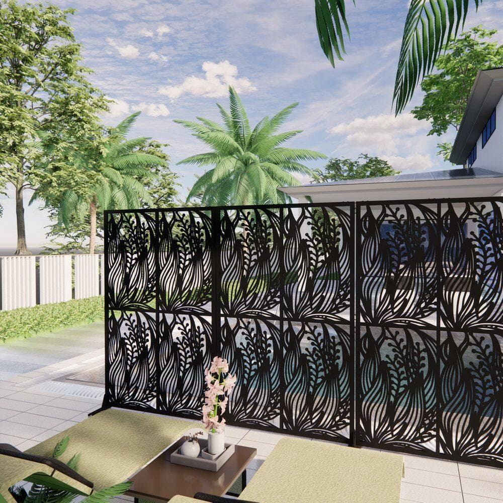 Lycvki Black Leaf Shape 3.8 ft. x 6 ft. Metal Privacy Screen Outdoor and Indoor Divider Decorative Privacy Screen (2)