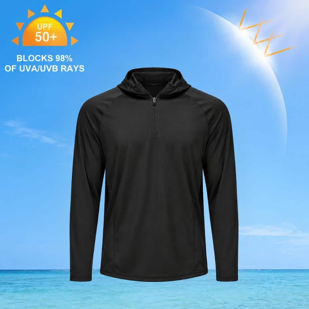 Unbranded UPF 50 Plus Black Sun Hoodie for Men 1/4 Zip Long Sleeve Fishing Shirt UV Hiking Outdoor Thumbholes Men, (3)