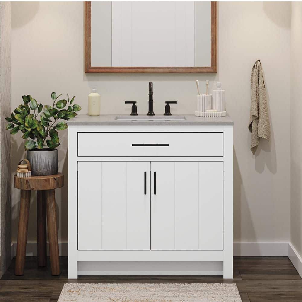 Glacier Bay Daney 37 in. Single Sink Freestanding White Bathroom Vanity with Gray Cultured Marble Top (Assembled)
