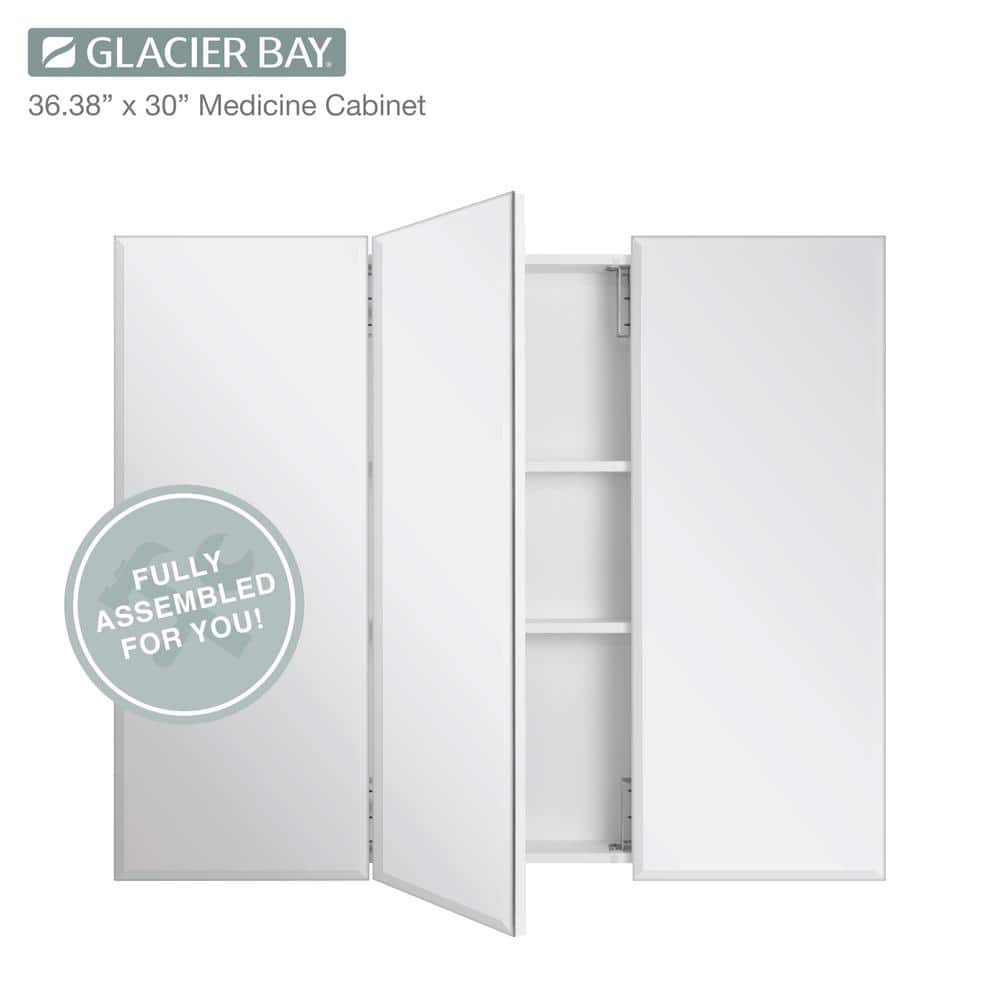 Glacier Bay 36.4 in. W x 30.2 in. H Rectangular Medicine Cabinet with Mirror in White with Adjustable Shelves (4)