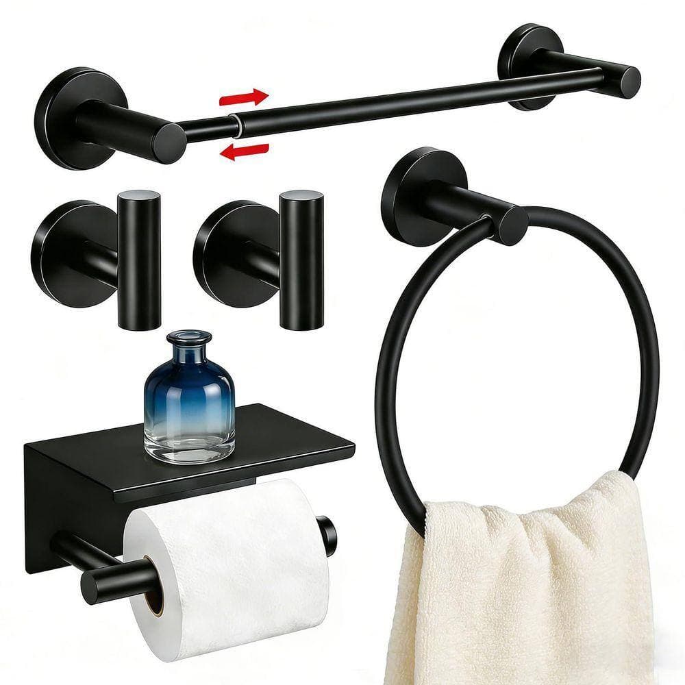 JFVKAF 5-Piece Bathroom Hardware Set with Adjustable Towel Bar, Toilet Paper Holder, Hooks in Matte Black Finish (3)