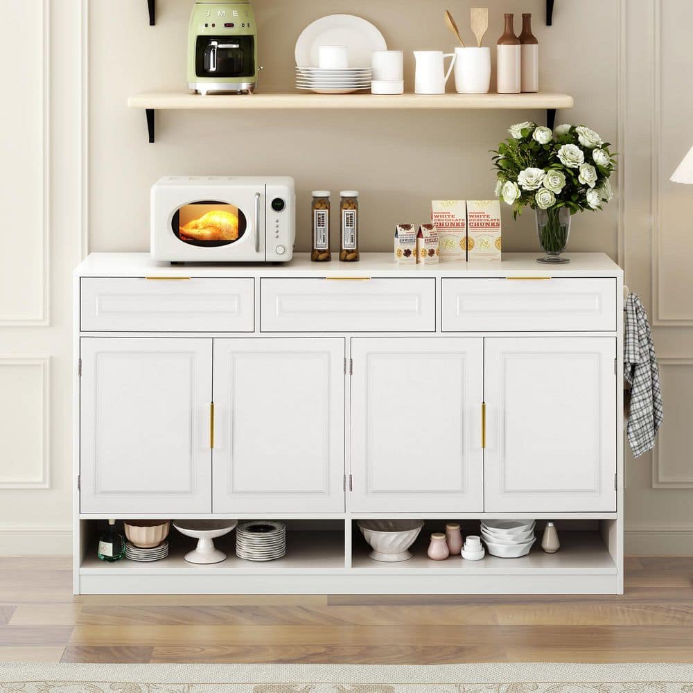 COWLOWN 59.1 in. W x 14.2 in. D x 34.8 in. H White Linen Cabinet with 3-Drawers and 4-Doors, Adjustable Shelf (3)
