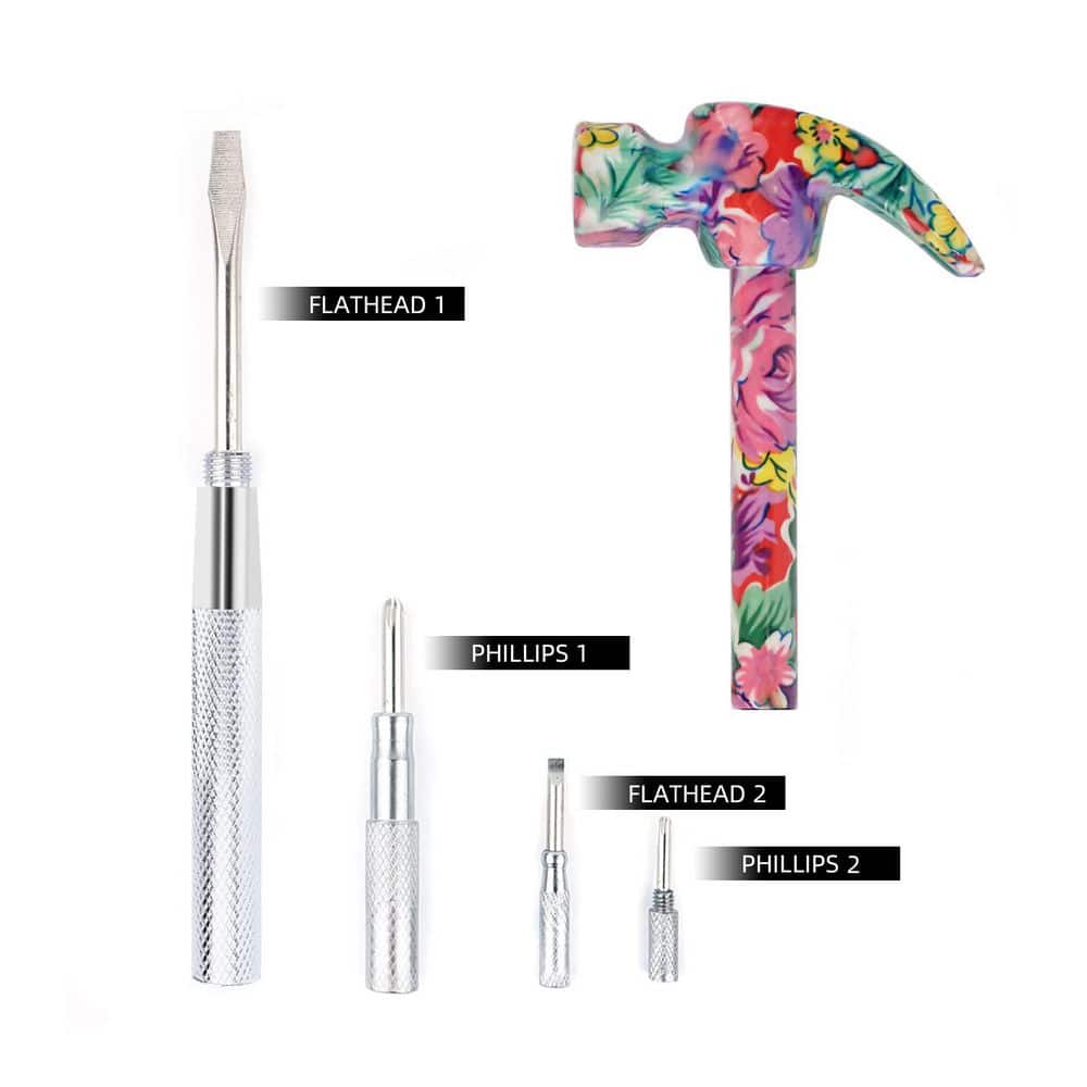 Unbranded 6 in 1 Multifunctional 244.5g Carbon Steel Tool Set Floral Claw Hammer with Screwdrivers Nail Puller Pink (3)