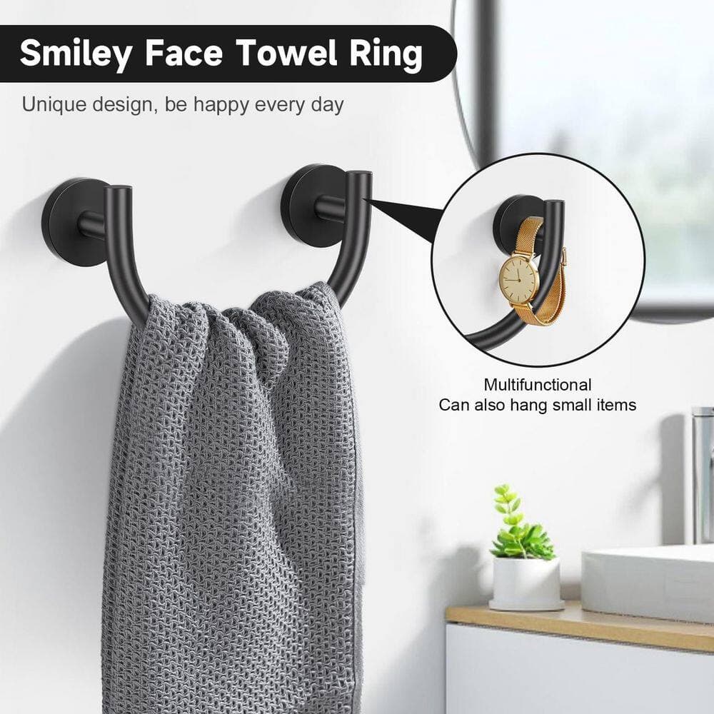 Unbranded 5-Piece Matte Black Stainless Steel Towel Bar Set with 23.6 in. Towel Bar and Smiley Face Towel Rings (3)