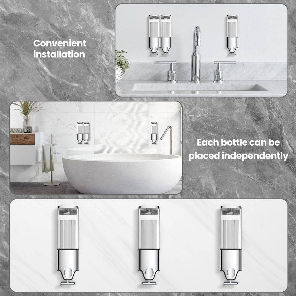 Wudkey 1-Piece Bathroom Accessory Set in Silver, 3-in-1 Quadrate Dispensers for The Shower, No Drilled Wall Mounted (3)