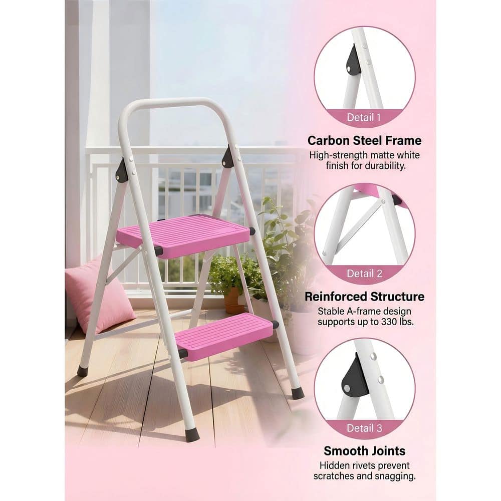TITANKIT PRO 2-Step Folding Steel Step Stool (7 ft. Reach) with Non-Marring Feet, 330 lbs. Load Capacity Type IA Duty Rating, Pink (3)