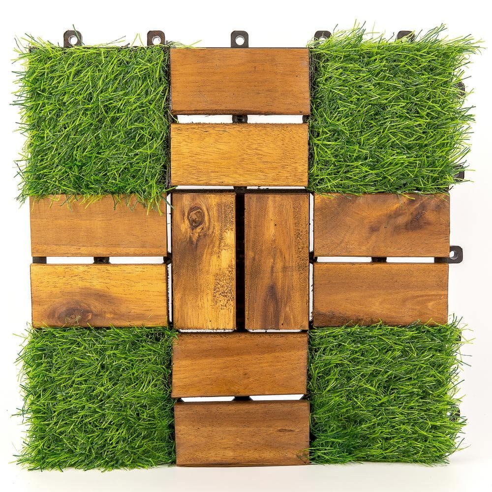 Pro Space 12 in. x 12 in. Acacia Wood Interlocking Deck Tile Tufted Grass 20-Pins, Brown and Green, 30-Pack Covering 30 sq. ft. (2)