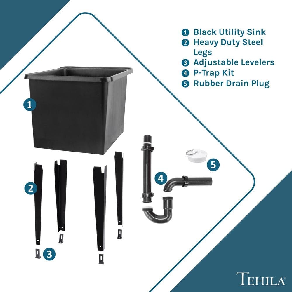 TEHILA 17.75 in. x 23.25 in. Thermoplastic Freestanding Space Saver Utility Sink in Black - Black Metal Legs with P-Trap Kit (2)