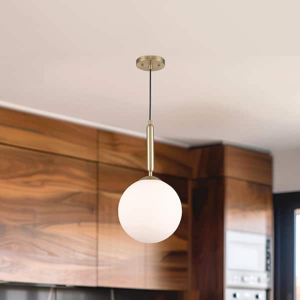 Monteaux Lighting 10 in. 1-Light Gold Hanging Mini Pendant Light Fixture with Opal Glass Globe Shade