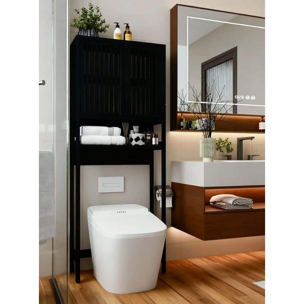 LuckByte 25.5 in. W x 64.76 in. H x 10.24 in. D Toilet Bamboo Storage Rack Shelves for Bathroom, Laundry Room in Black (2)