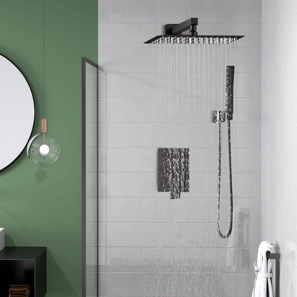 androme 12 in. 2-Jet High-Pressure Mixer Set Rainfall Shower System w/Wall Mount Handheld Shower in Matte Black (Valve Included) (2)