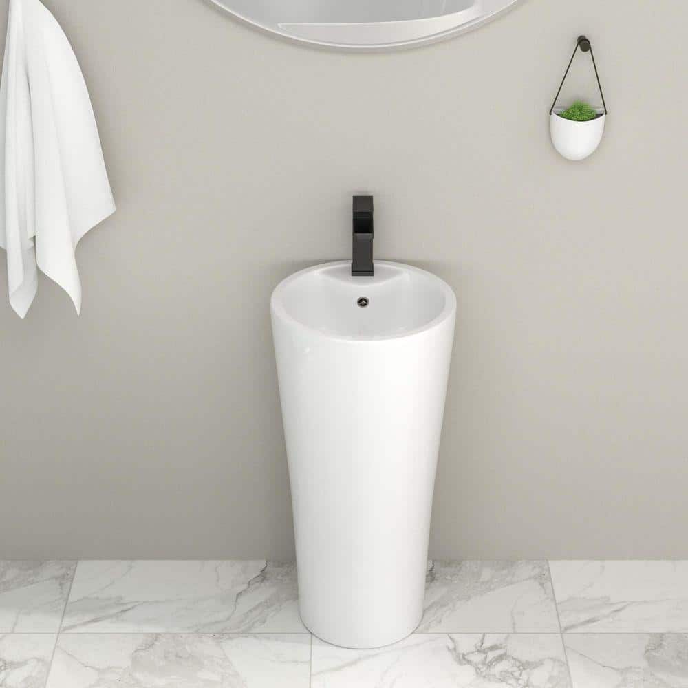 Logmey 15 in. W x 15 in. D Circular Ceramic Bathroom Pedestal Sink in Glossy White with Overflow (2)