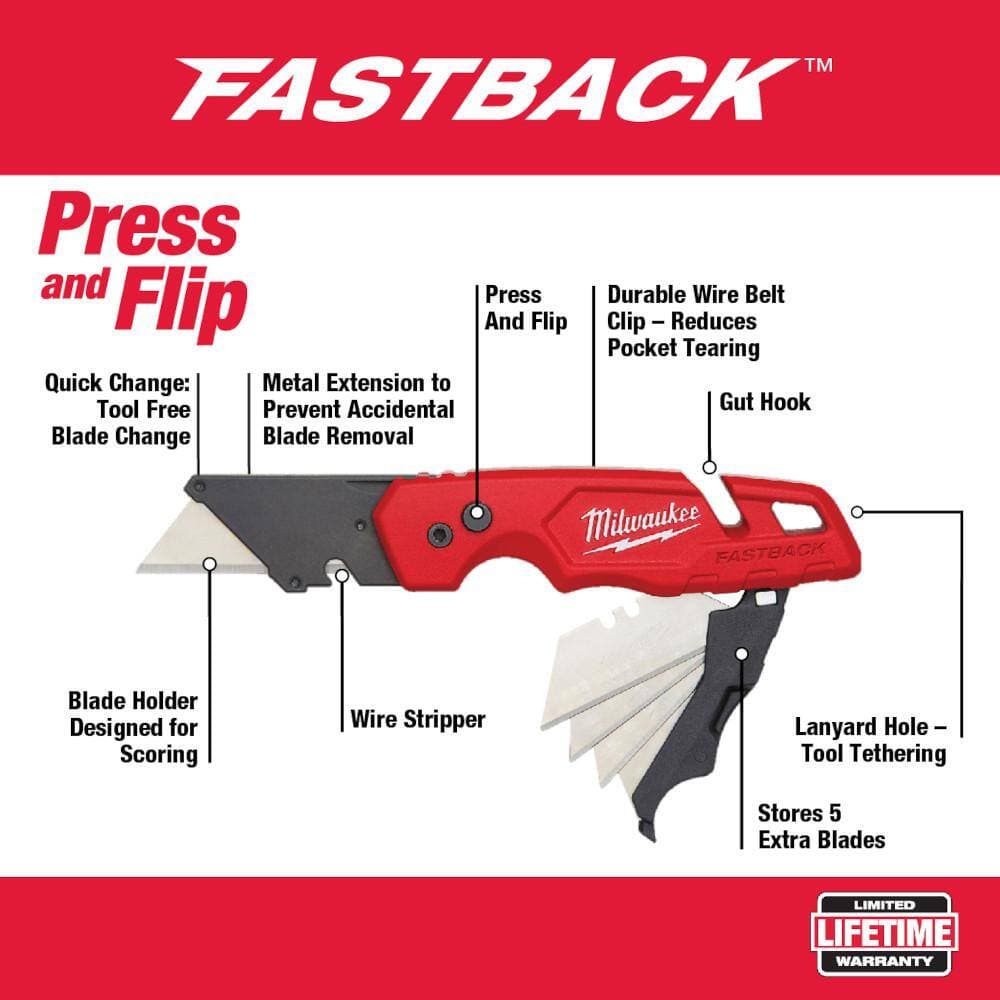 Milwaukee FASTBACK Folding Utility Knife with Blade Storage and General Purpose Utility Blade Set w/11-in-1 Screwdriver (4)