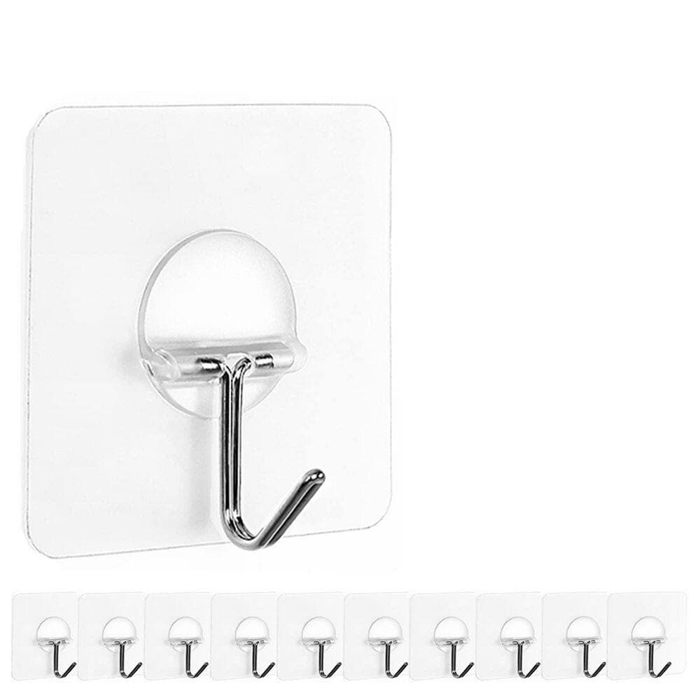 Wudkey 12-Pack J-Hook Robe/Towel Hook in Clear, Self Adhesive Hooks for Bathroom Shower Kitchen Keys Door, Utility Hook (2)