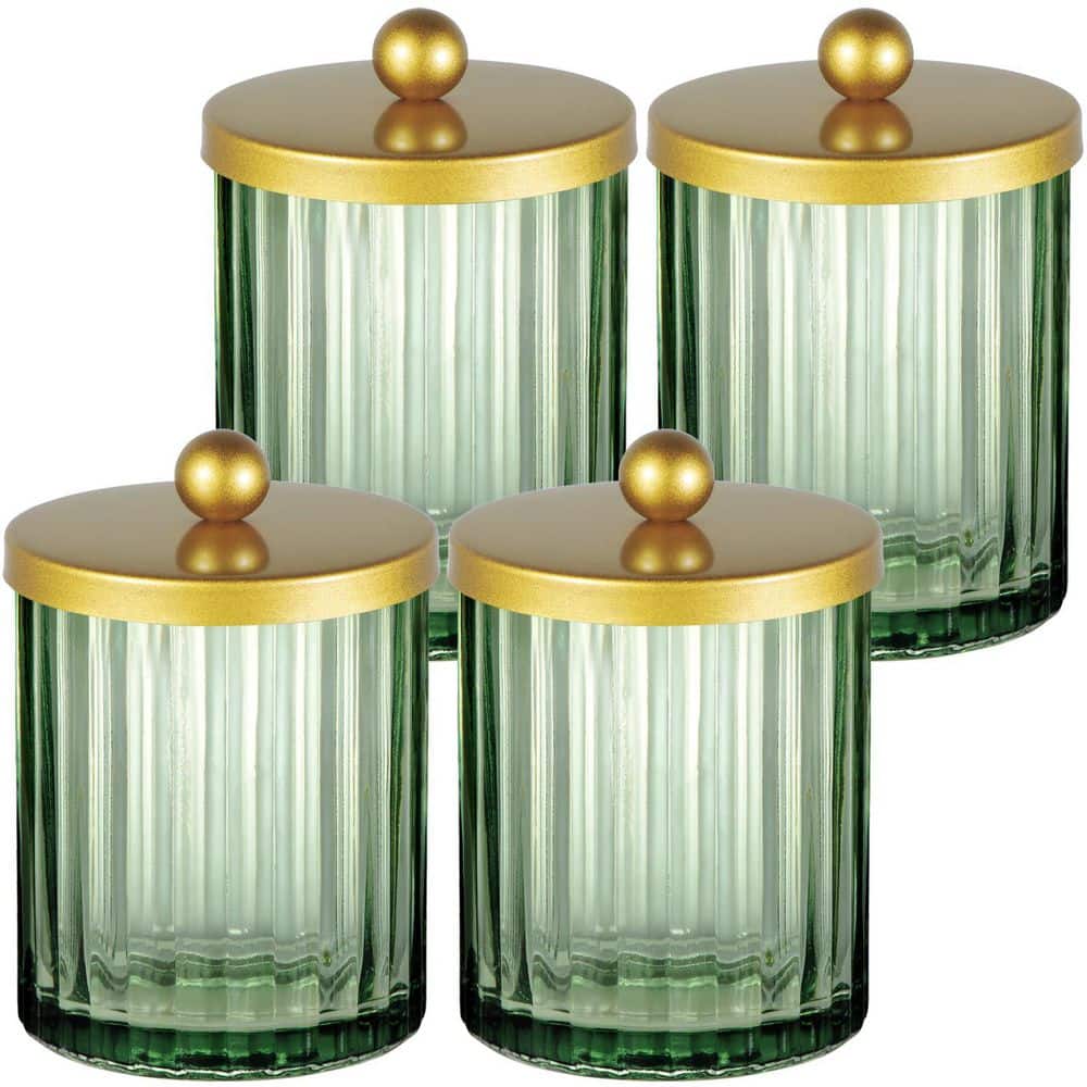 KHKFY 4-Pack Glass Apothecary Bathroom Storage Jars with Gold Metal Lids for Cotton Swabs Vanity in Sage Green