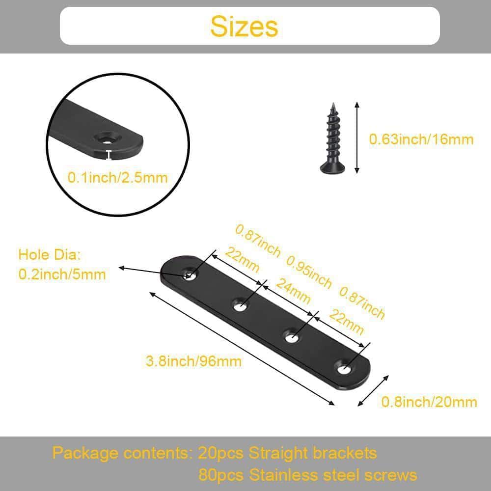 KIWDZFU 3. 8x0. 8 304-Stainless Steel Flat Mending Plates Heavy Duty Black Straight Brace Brackets for Wood Furniture 8-Pack (2)