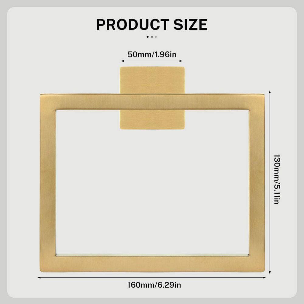 Wudkey 2 Pack Stainless Steel Wall Mounted Square Towel Ring for Bathroom in Brushed Gold (2)