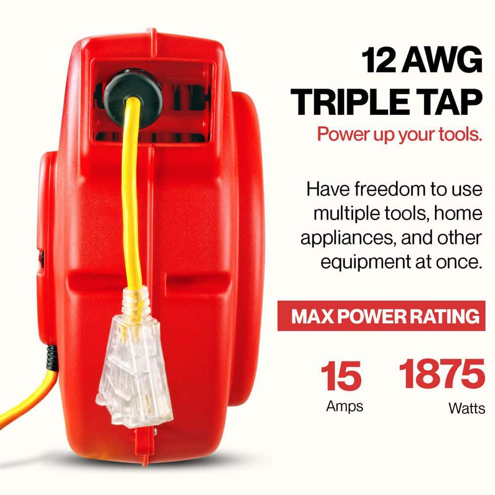 REELWORKS 80 ft. 12/3 15 Amp Retractable Extension Cord Reel with 3-Grounded Outlets and Tri-Tap End (3)