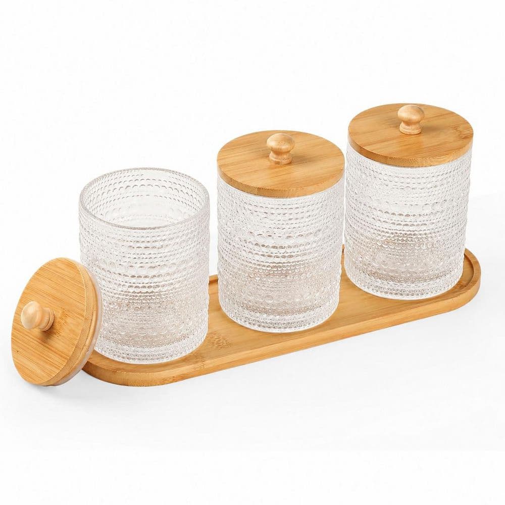 KHKFY 3 Pack Glass Apothecary Jars with Sealed Bamboo Lids and Non-Slip Tray for Bathroom Cotton Swab Storage (1)
