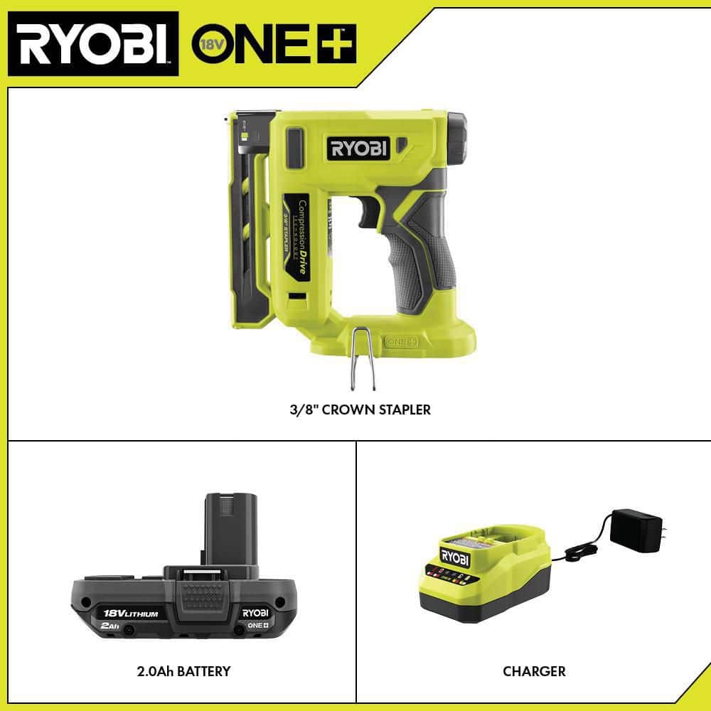 RYOBI ONE+ 18V Cordless Compression Drive 3/8 in. Crown Stapler Kit with 2.0 Ah Battery and Charger (2)