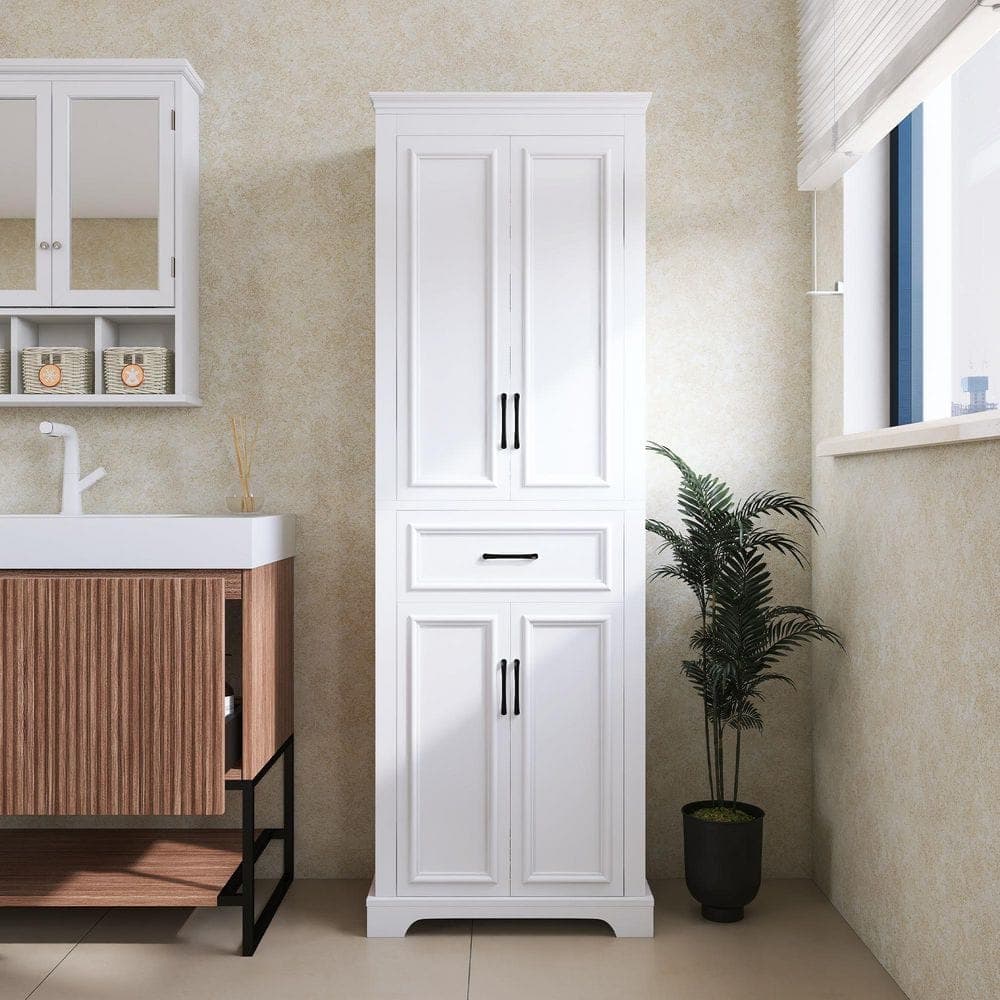 TCYO 24 in. W x 16 in. D x 71 in. H White Linen Cabinet with 4 Doors, 1 Drawer, Adjustable Shelves (1)